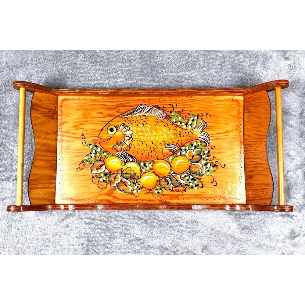 VTG Handmade Painted Wood‎ Serving Tray Fish Folk Art MCM